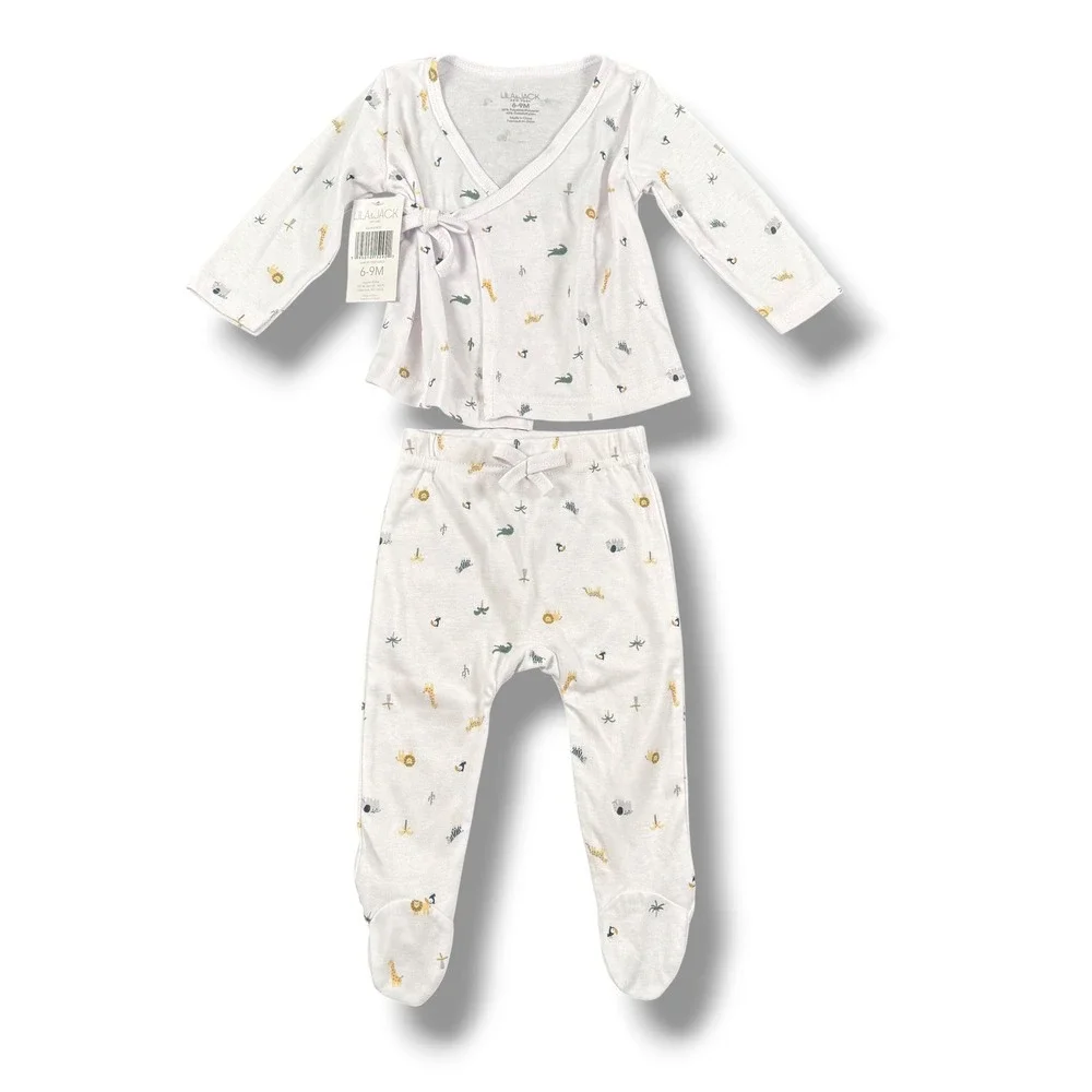 Lila & Jack Baby 6-9M Safari Animal Print Kimono Wrap Top & Footed Pants Set 256